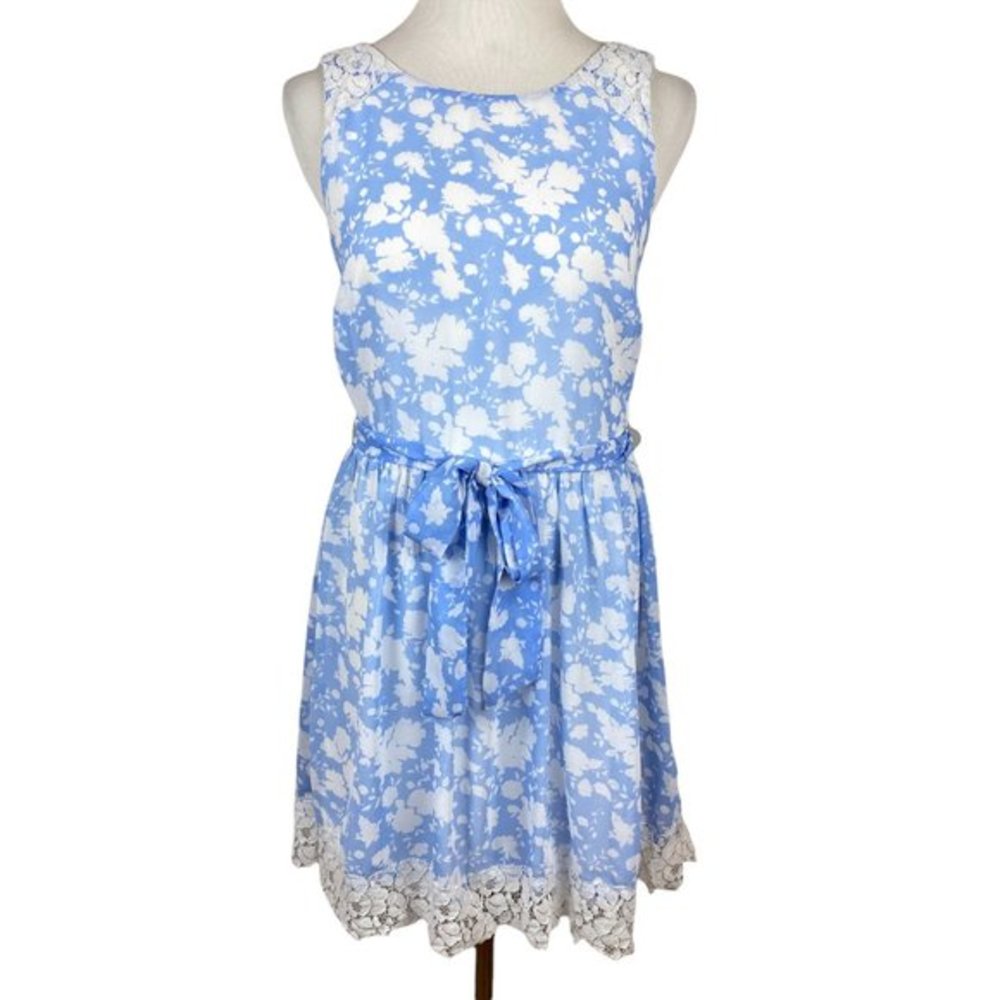 Disney Alice Mini Dress M Blue White Colleen Atwood A-Line‎ Belted Floral Lace
